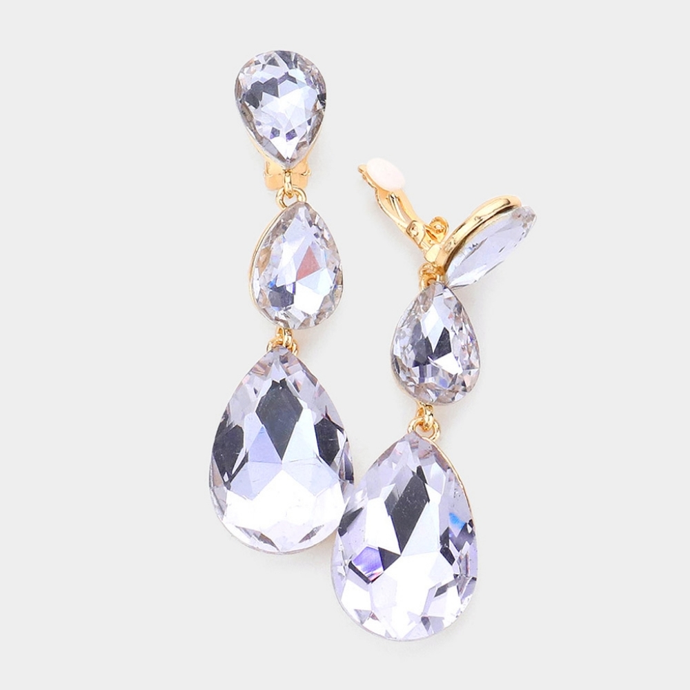 Purple Dangle Crystal Clip On Earrings 3 Inch Triple Tear Drop ClipOns Jewelry